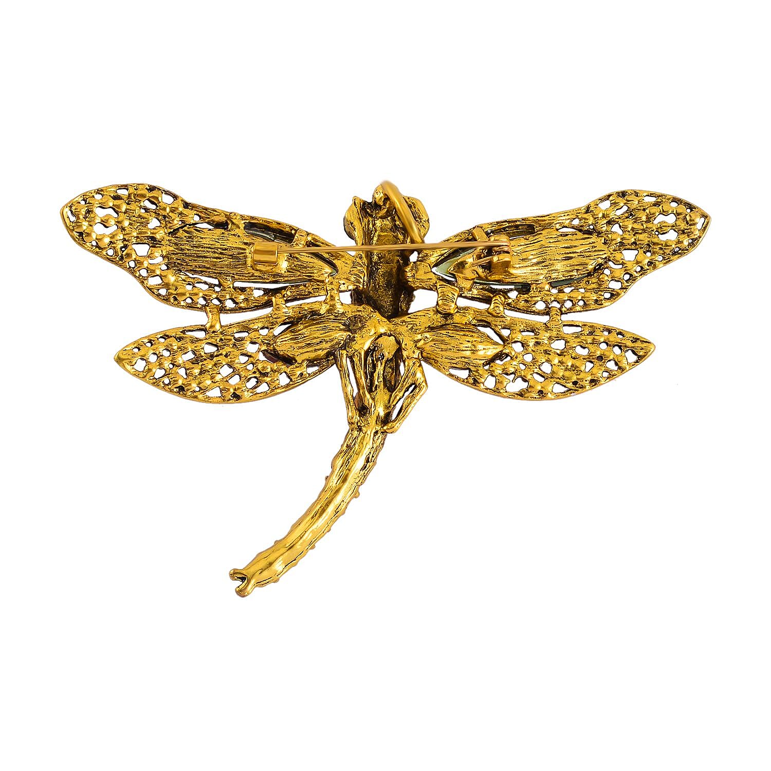 Multi Colour Austrian Crystal Dragonfly Brooch in Antique Gold Tone
