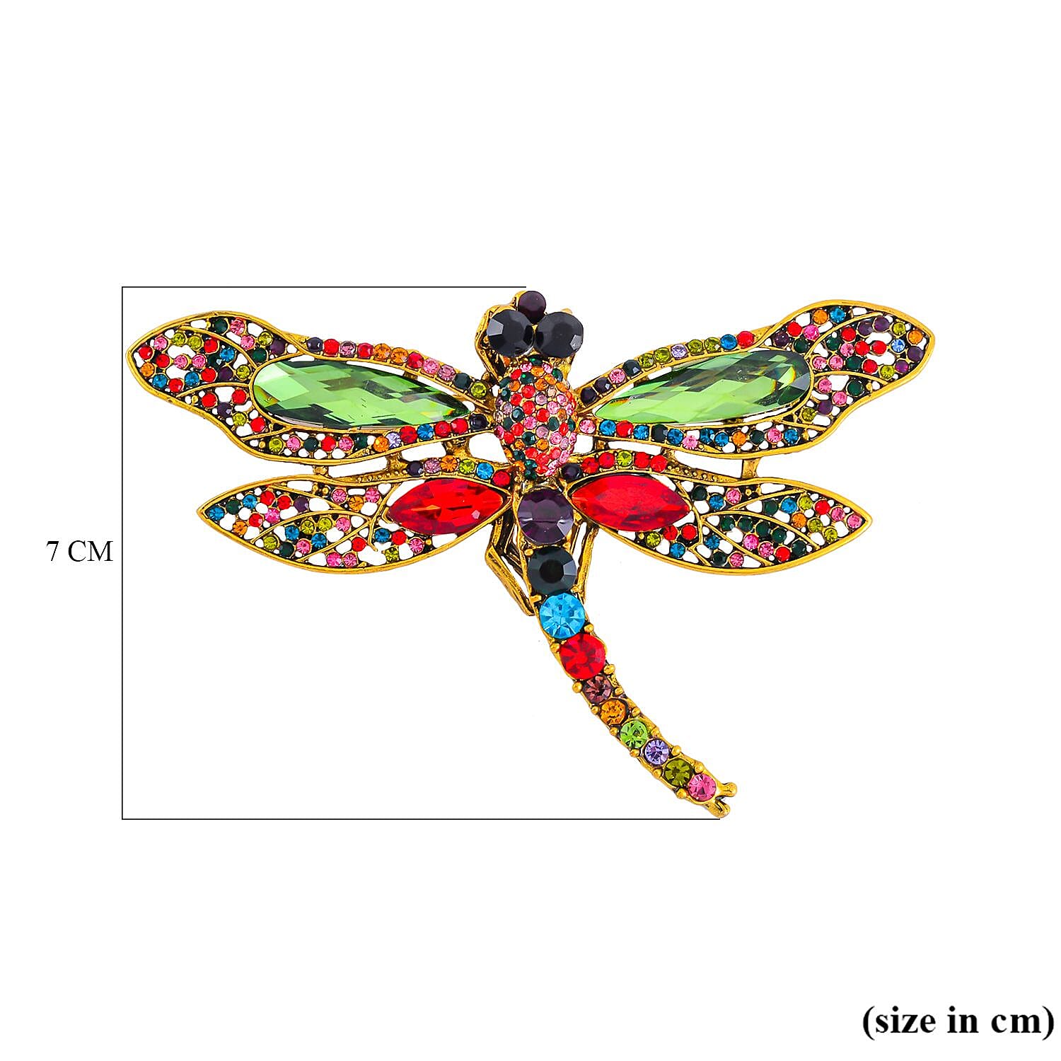 Multi Colour Austrian Crystal Dragonfly Brooch in Antique Gold Tone