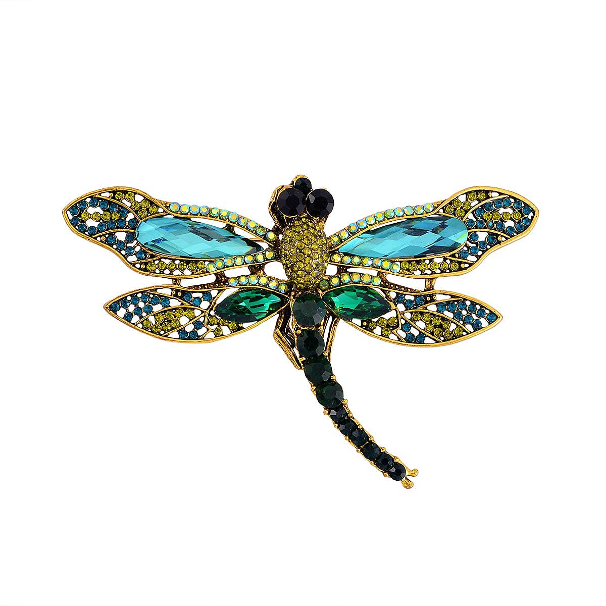 Multi Color Austrian Crystal Dragonfly Brooch in Antique Gold Tone