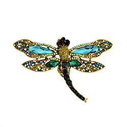 Multi Colour Austrian Crystal Dragonfly Brooch in Antique Gold Tone