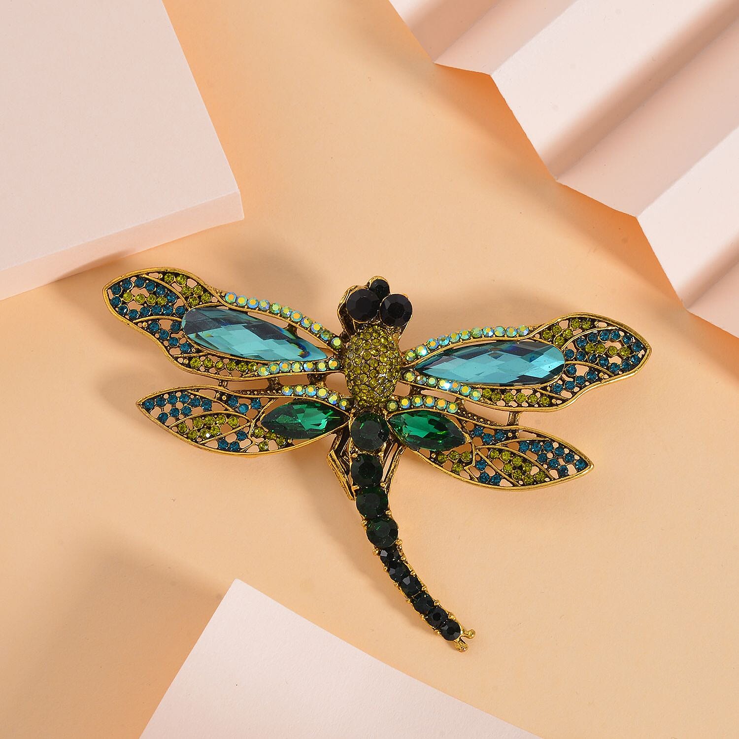Multi Color Austrian Crystal Dragonfly Brooch in Antique Gold Tone