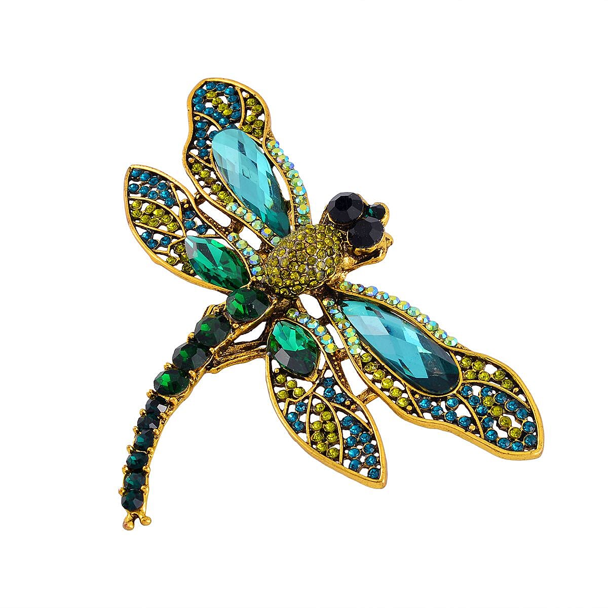 Multi Color Austrian Crystal Dragonfly Brooch in Antique Gold Tone