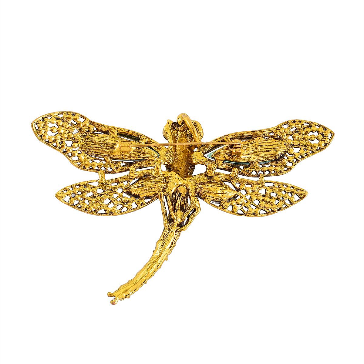 Multi Color Austrian Crystal Dragonfly Brooch in Antique Gold Tone