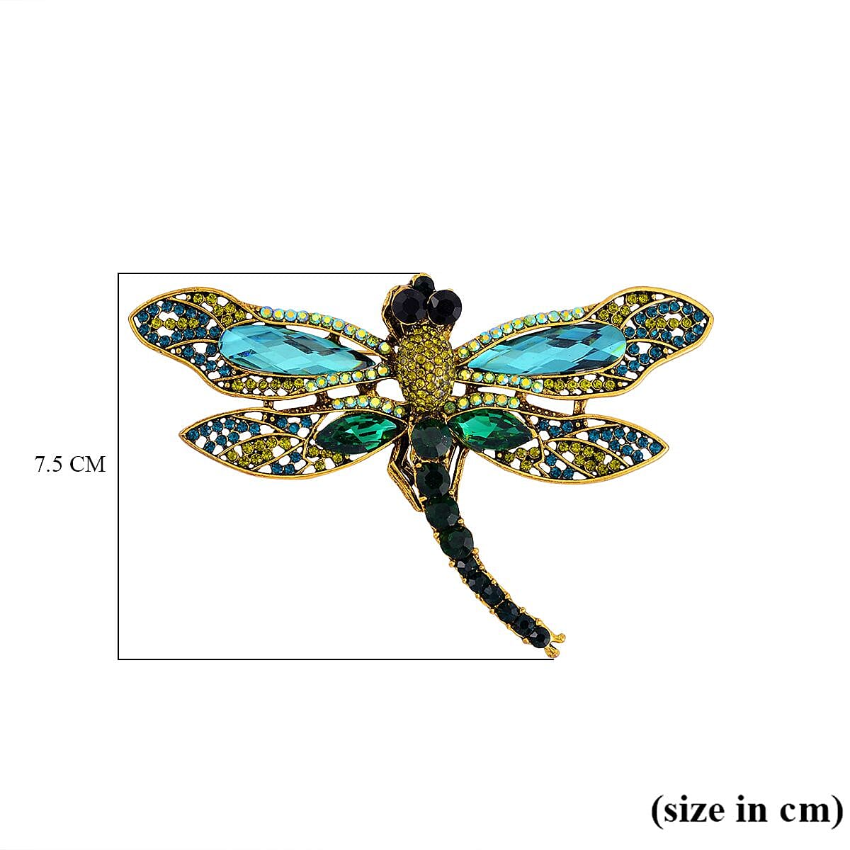 Multi Color Austrian Crystal Dragonfly Brooch in Antique Gold Tone