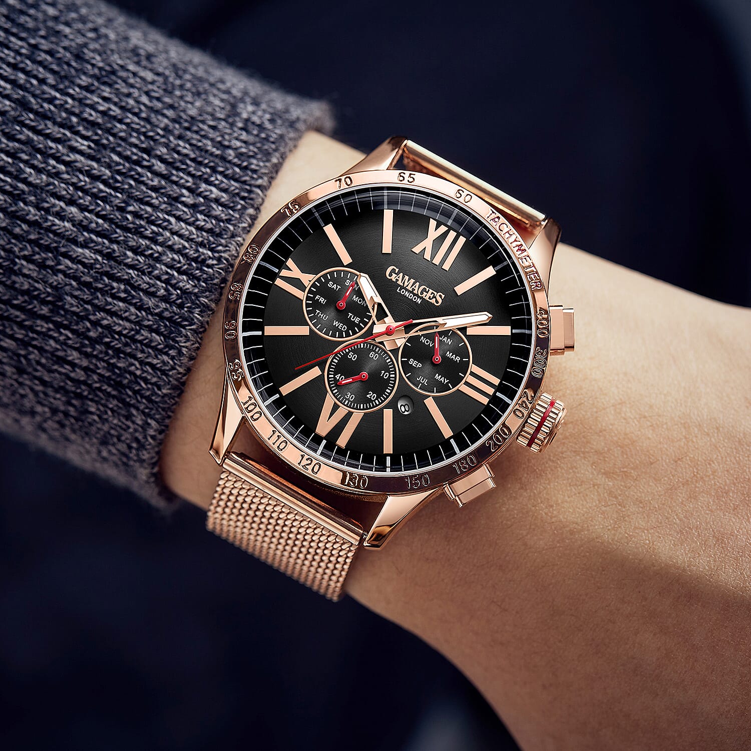 The Gamages Of London Limited Edition Speed Jockey Automatic  Movement Black Dial Water Resistant Mens Watch with Rose Gold Colour Mesh Bracelet