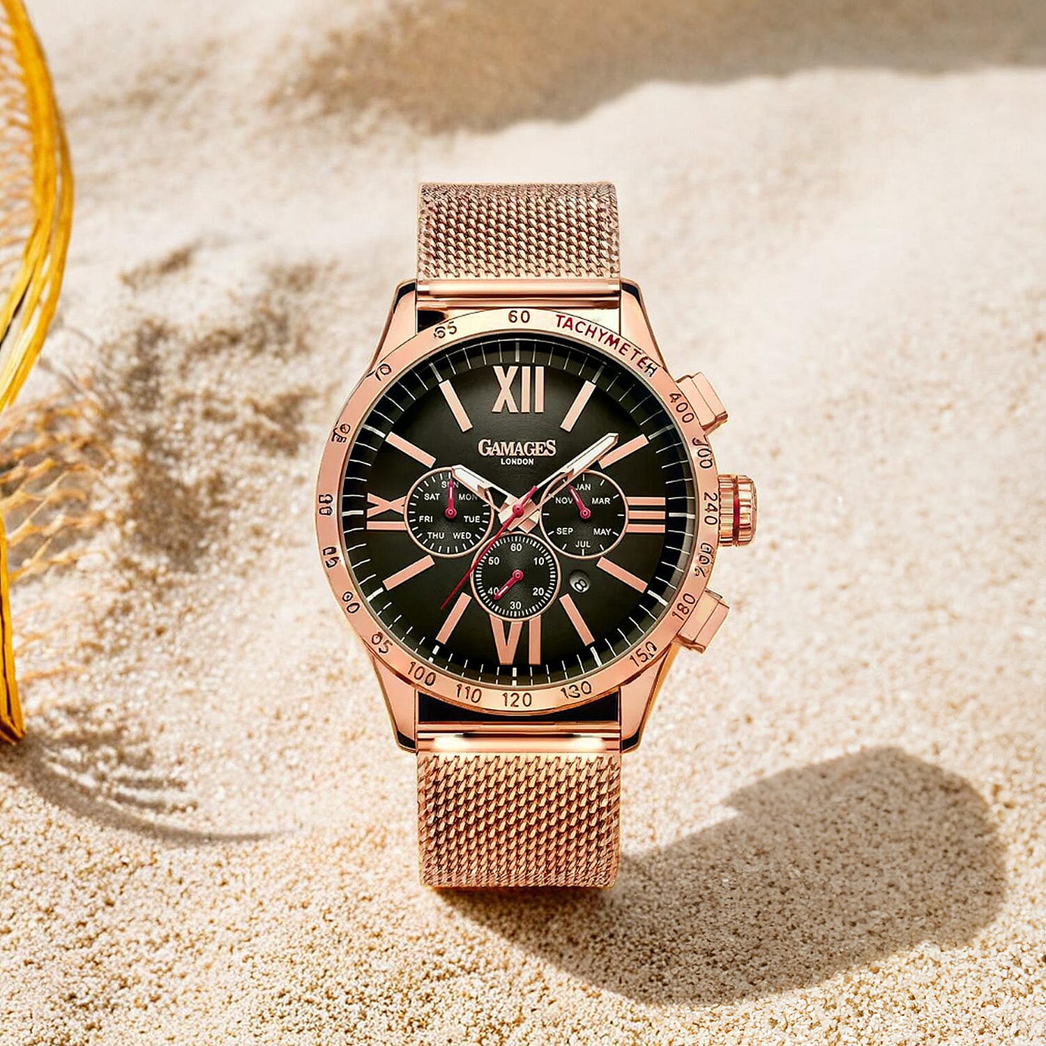 The Gamages Of London Limited Edition Speed Jockey Automatic  Movement Black Dial Water Resistant Mens Watch with Rose Gold Colour Mesh Bracelet