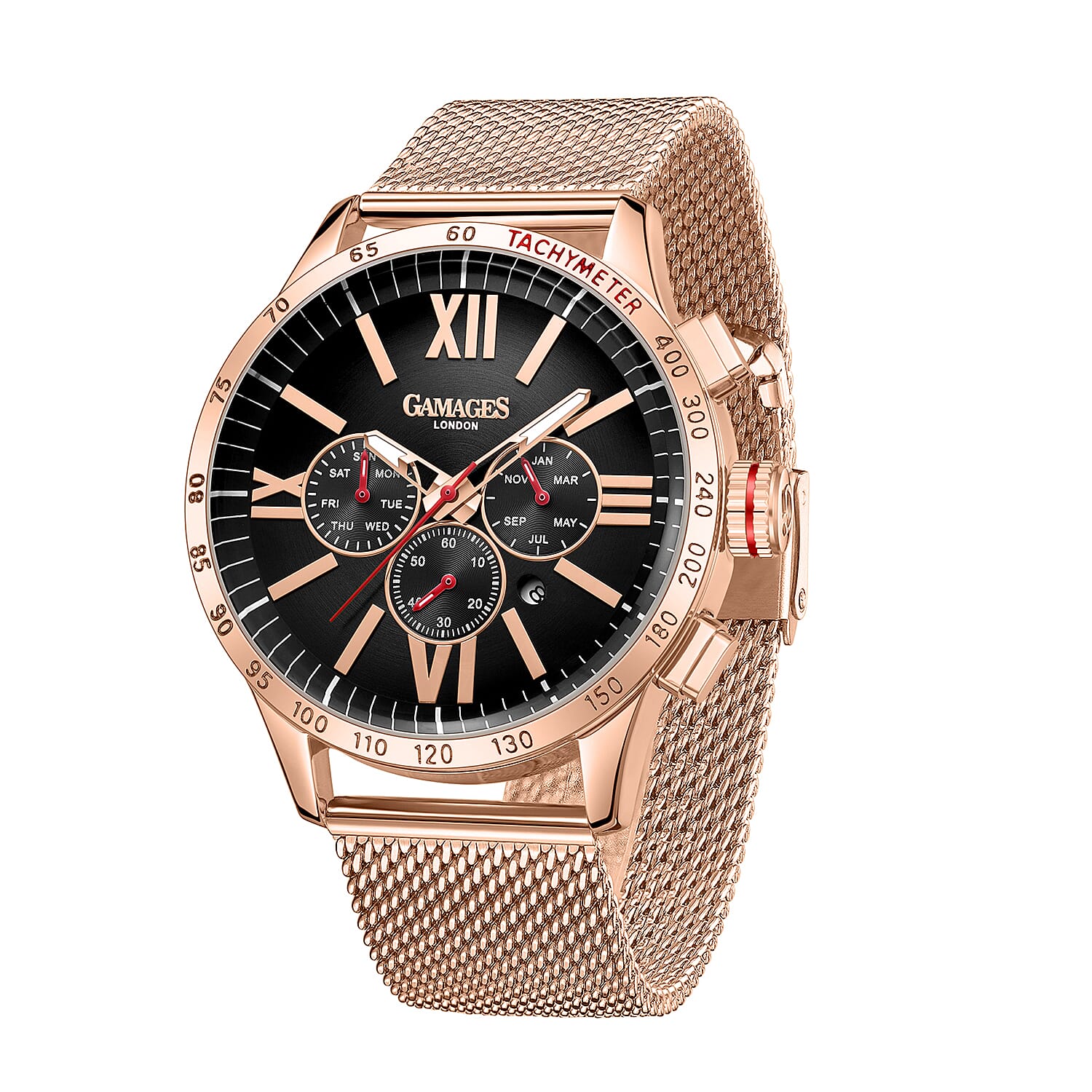 The Gamages Of London Limited Edition Speed Jockey Automatic  Movement Black Dial Water Resistant Mens Watch with Rose Gold Colour Mesh Bracelet