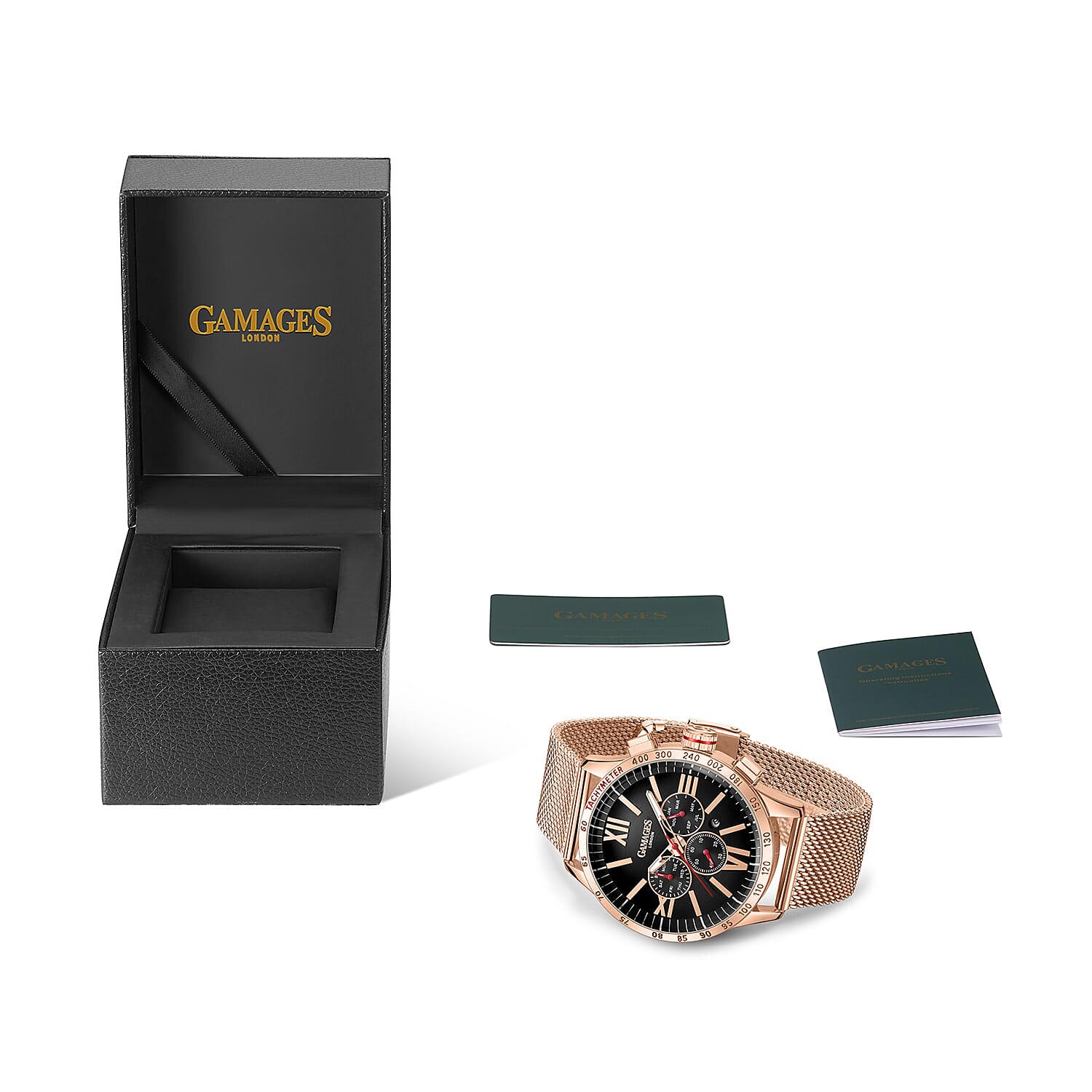 The Gamages Of London Limited Edition Speed Jockey Automatic  Movement Black Dial Water Resistant Mens Watch with Rose Gold Colour Mesh Bracelet