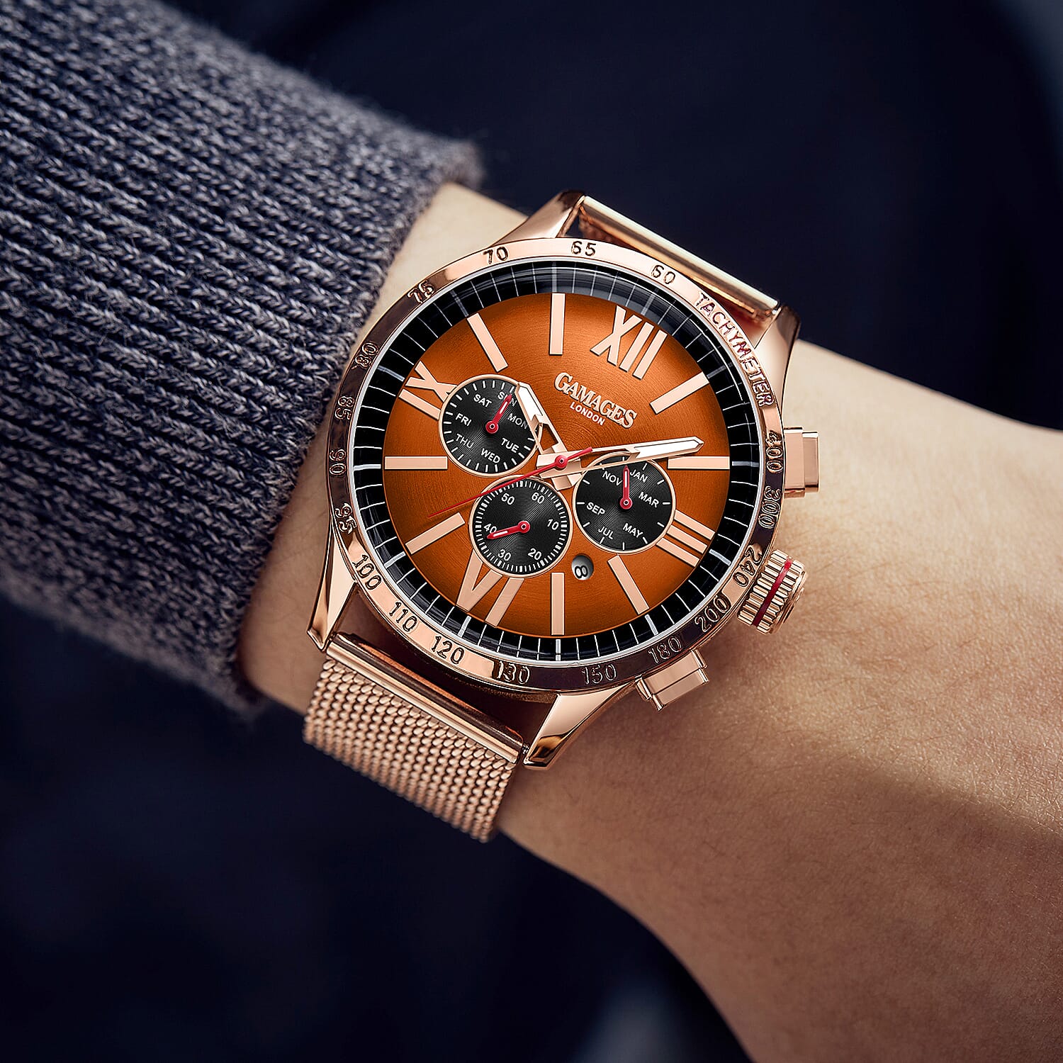 Gamages Of London Limited Edition Speed Jockey Automatic 40mm Dial Water Resistant Mens Watch in Stainless Steel - Rose Orange