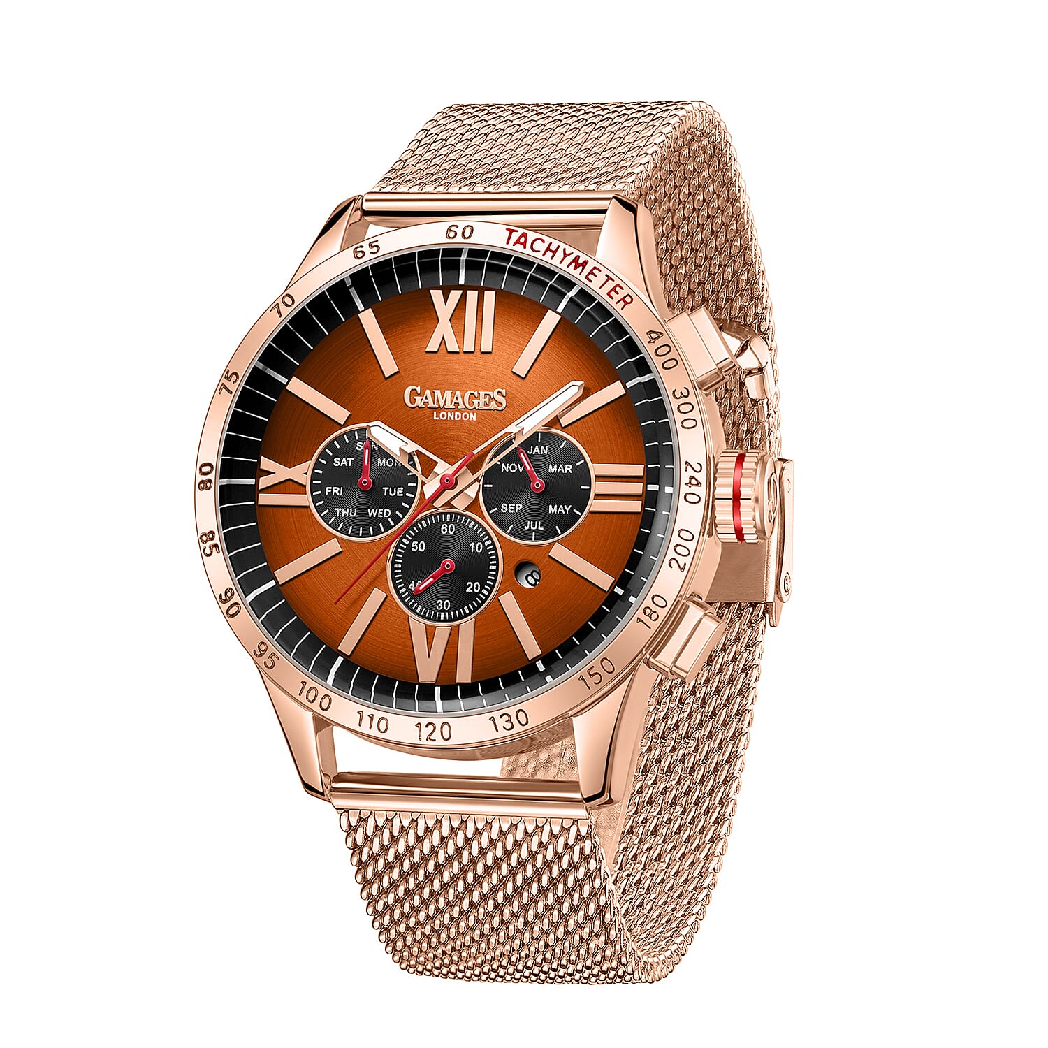 Gamages Of London Limited Edition Speed Jockey Automatic 40mm Dial Water Resistant Mens Watch in Stainless Steel - Rose Orange