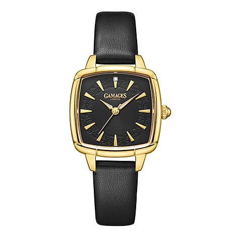 Gamages Of London Limited Edition ELOQUENT Diamond Studded Swiss Movt. Gold Black Dial Water Resistant Watch with Black Leather Strap