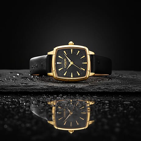 Gamages Of London Limited Edition ELOQUENT Diamond Studded Swiss Movt. Gold Black Dial Water Resistant Watch with Black Leather Strap