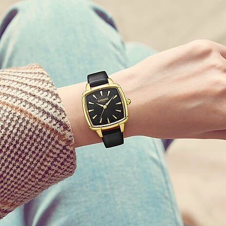 Gamages Of London Limited Edition ELOQUENT Diamond Studded Swiss Movt. Gold Black Dial Water Resistant Watch with Black Leather Strap