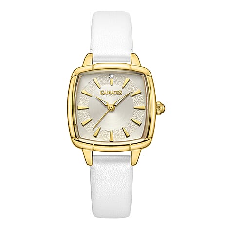 Gamages Of London Limited Edition Swiss Movement ELOQUENT Diamond Studded White Gold Dial Water Resistant Watch with White Leather Strap