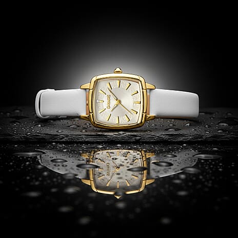 Gamages Of London Limited Edition Swiss Movement ELOQUENT Diamond Studded White Gold Dial Water Resistant Watch with White Leather Strap