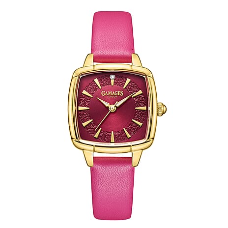 Gamages Of London Limited Edition Swiss Movement ELOQUENT Diamond Studded Gold Raspberry Dial Water ResistantWatch with Pink Leather Strap