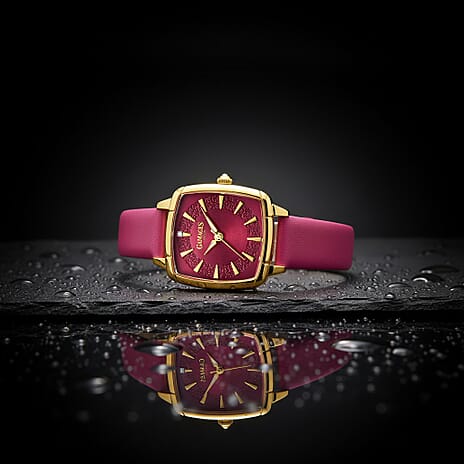 Gamages Of London Limited Edition Swiss Movement ELOQUENT Diamond Studded Gold Raspberry Dial Water ResistantWatch with Pink Leather Strap