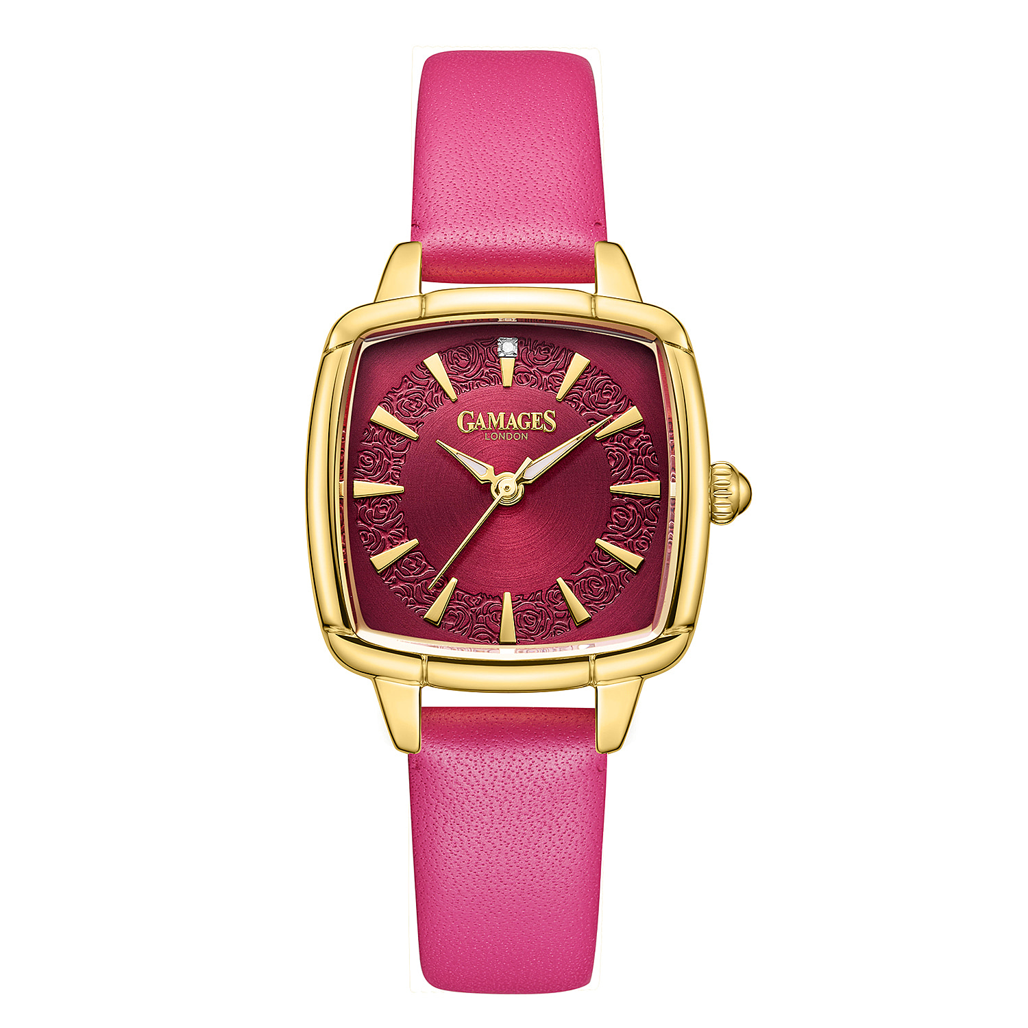 Gamages Of London Limited Edition Swiss Movement ELOQUENT Diamond Studded Gold Raspberry Dial Water ResistantWatch with Pink Leather Strap