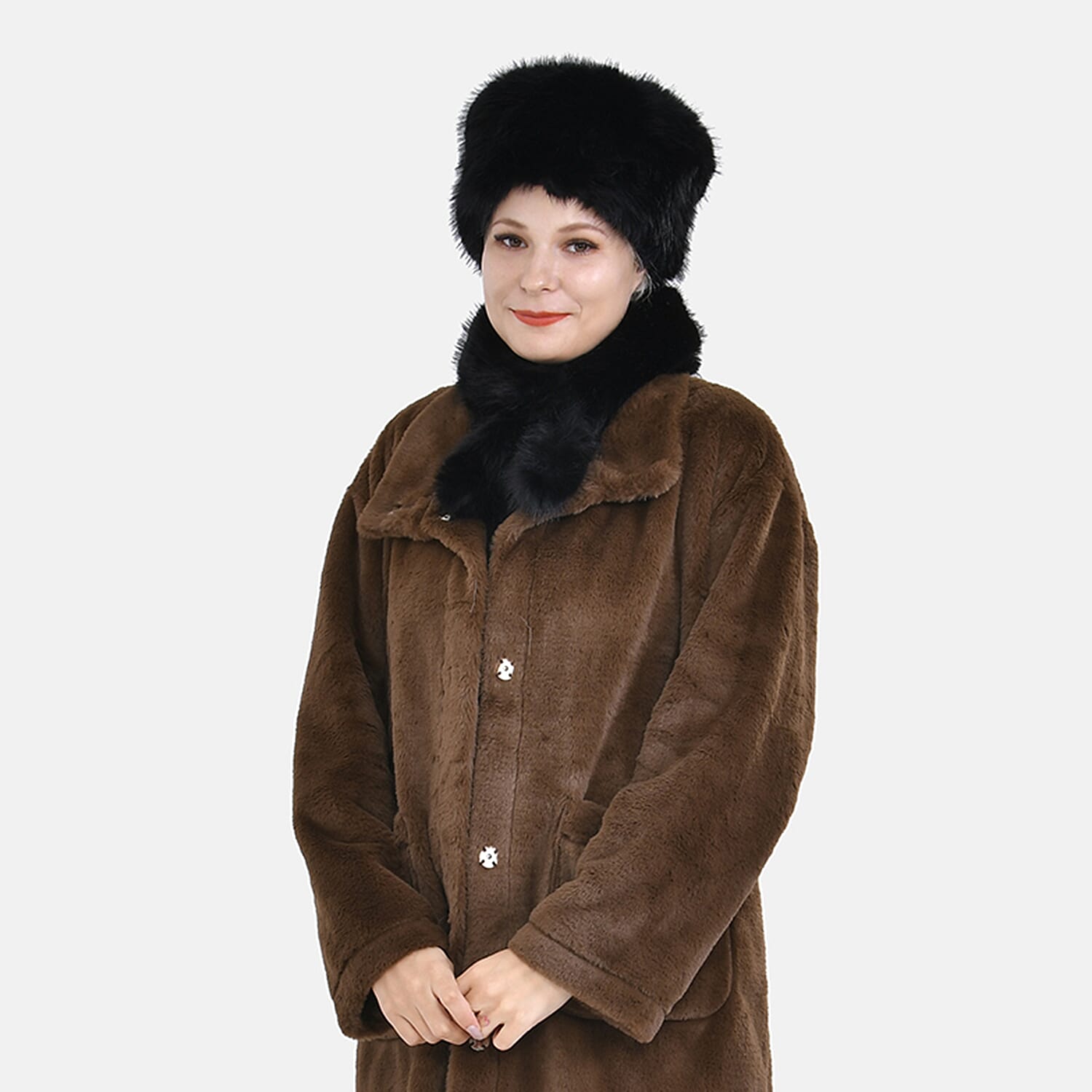 Set of 2 Faux Fur Hat and Scarf Set - Black