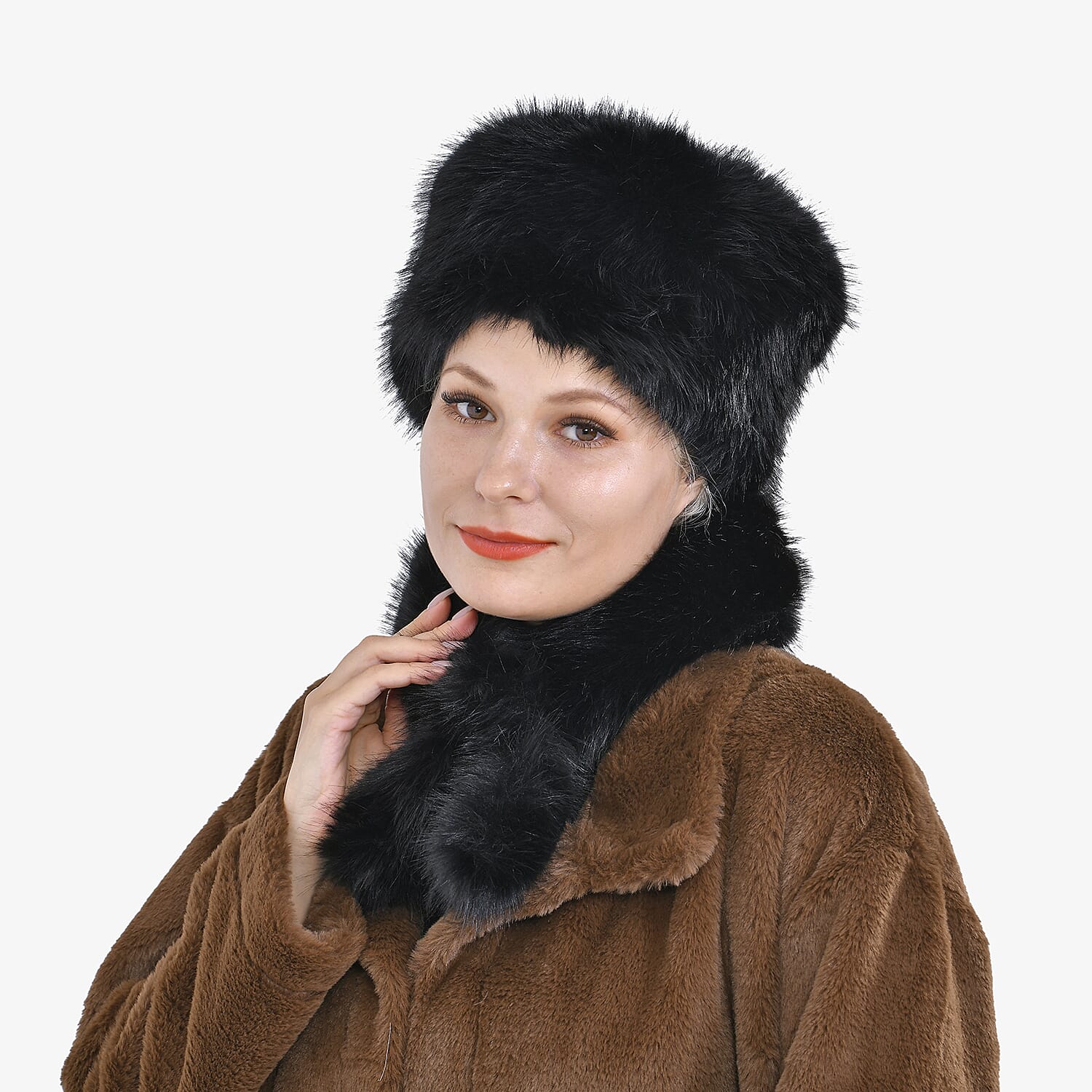 Set of 2 Faux Fur Hat and Scarf Set - Black