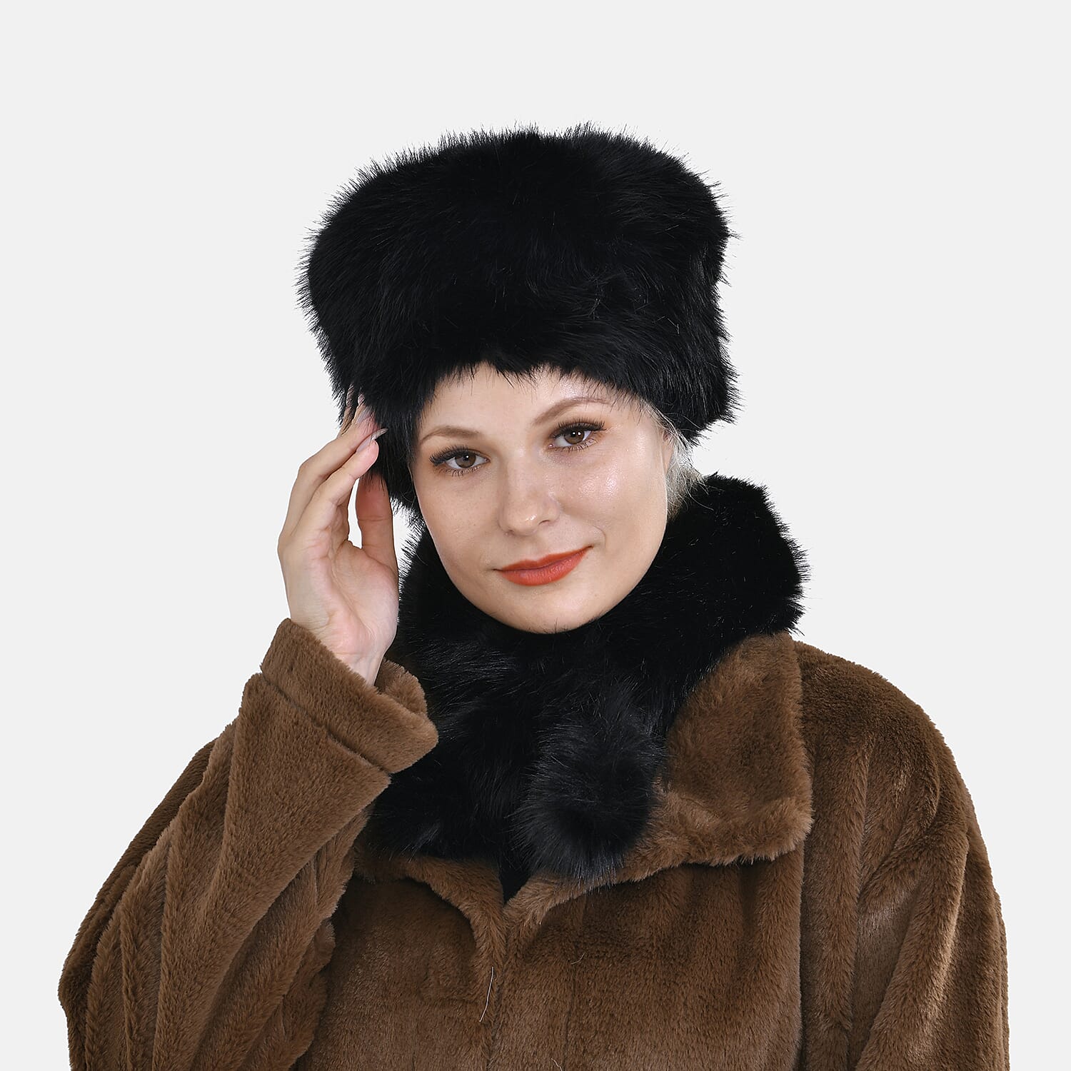 Set of 2 Faux Fur Hat and Scarf Set - Black