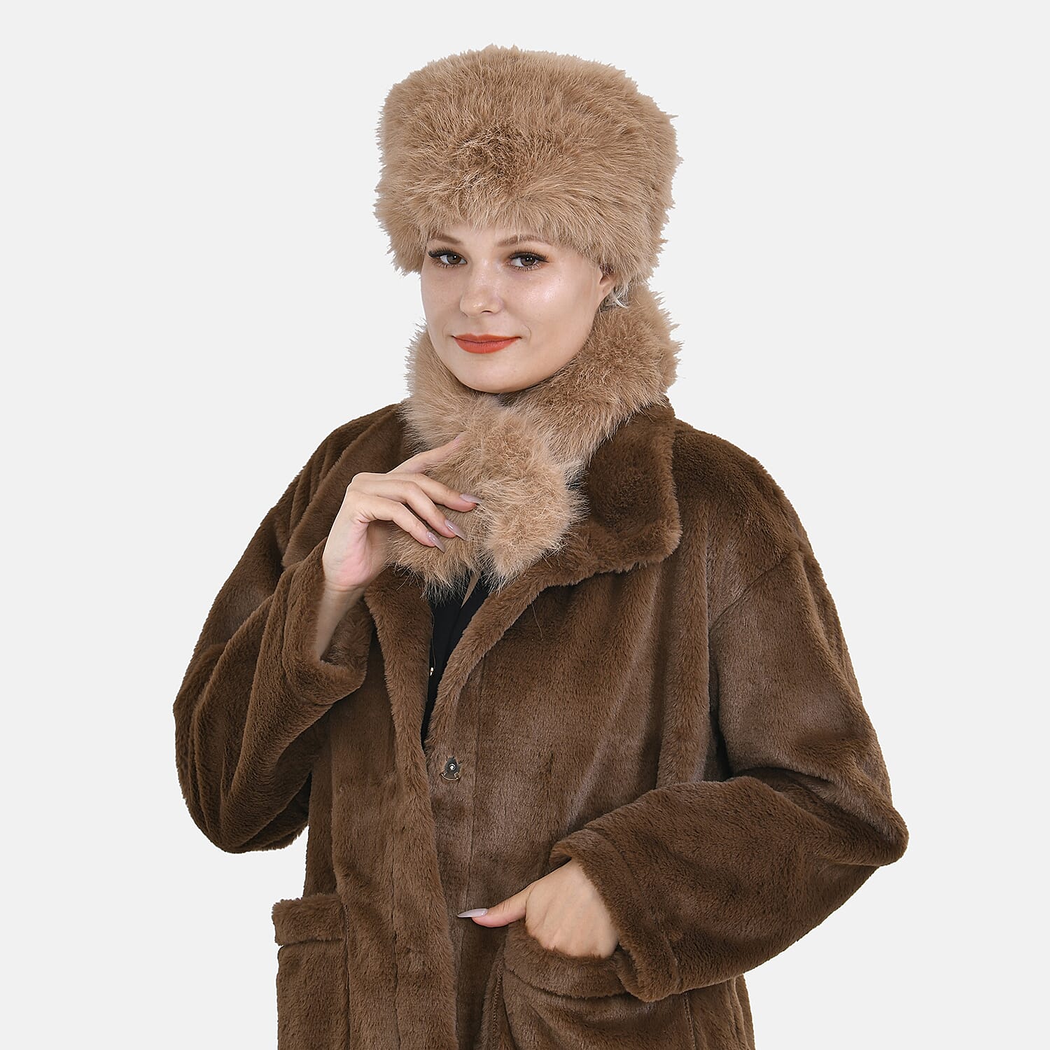 Set of 2 Faux Fur Hat with Scarf - Brown