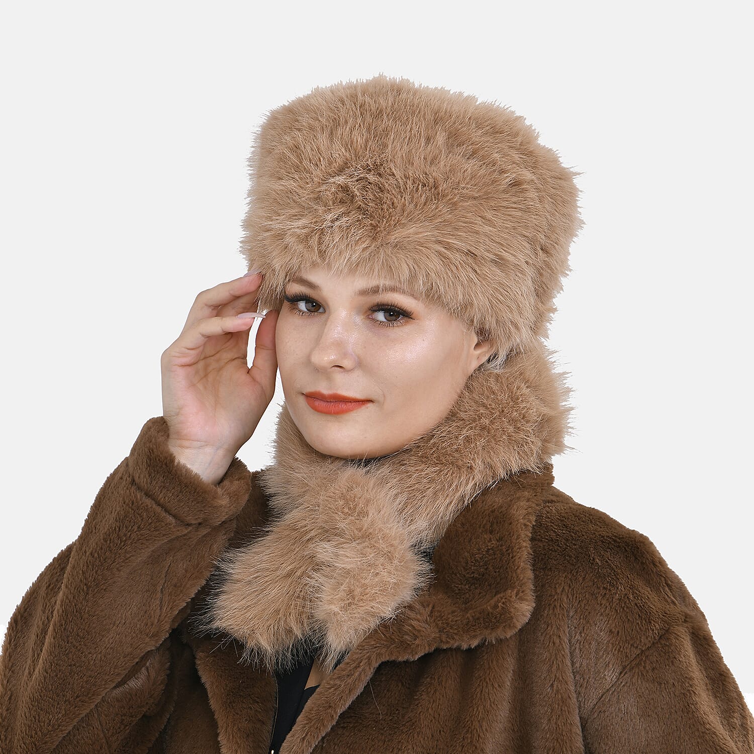 Set of 2 Faux Fur Hat with Scarf - Brown