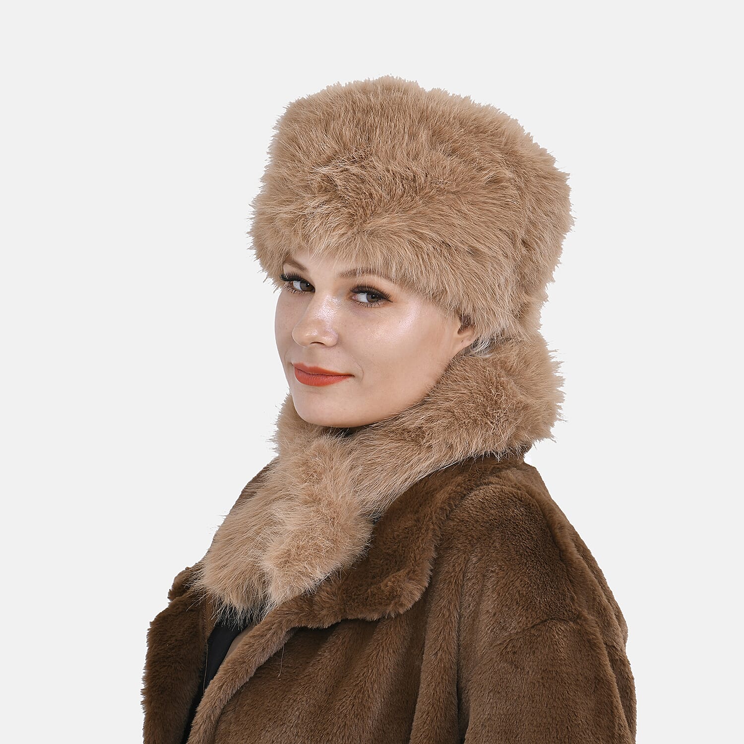 Set of 2 Faux Fur Hat with Scarf - Brown