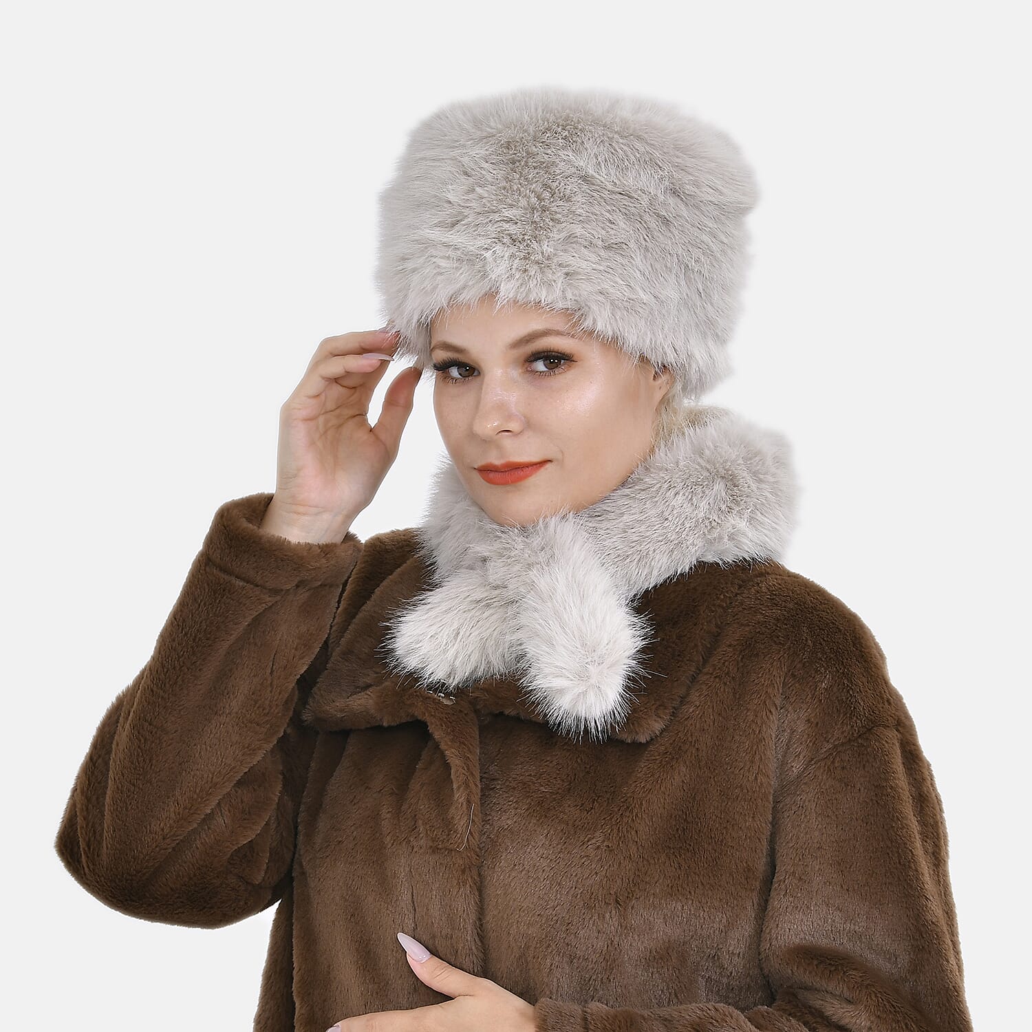 Set of 2 Faux Fur Hat with Scarf - White