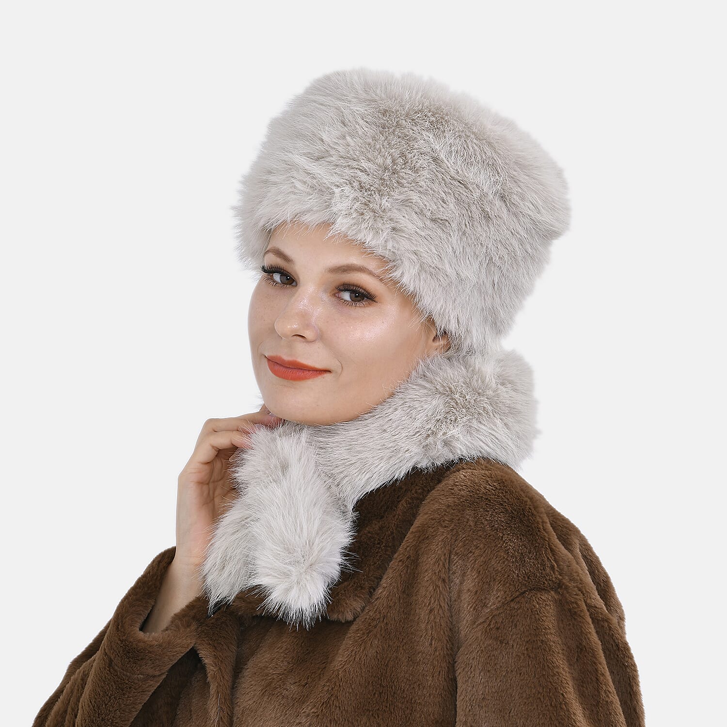 Set of 2 Faux Fur Hat with Scarf - White
