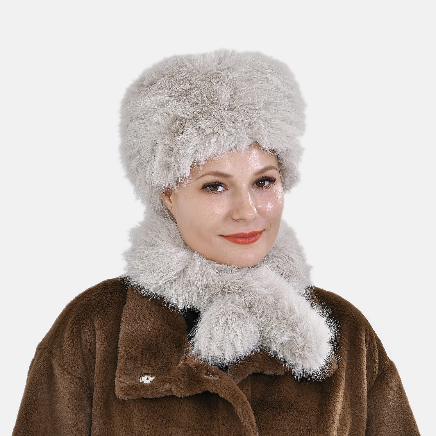 Set of 2 Faux Fur Hat with Scarf - White