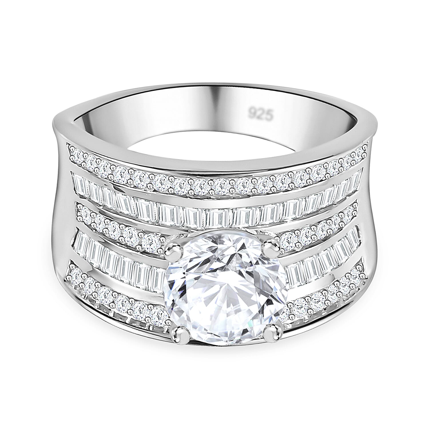 Moissanite Multi Row Scoop Ring in Rhodium Overlay Sterling Silver 3.11 Ct.