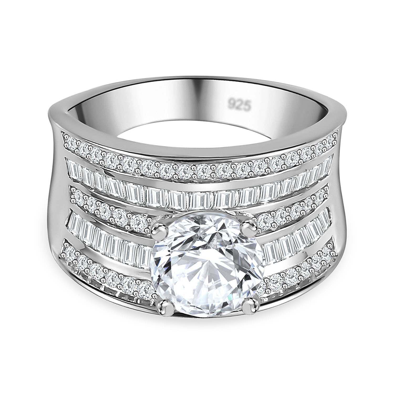 Moissanite Multi Row Scoop Ring in Rhodium Overlay Sterling Silver 3.11 Ct, Silver Wt 8.05 GM