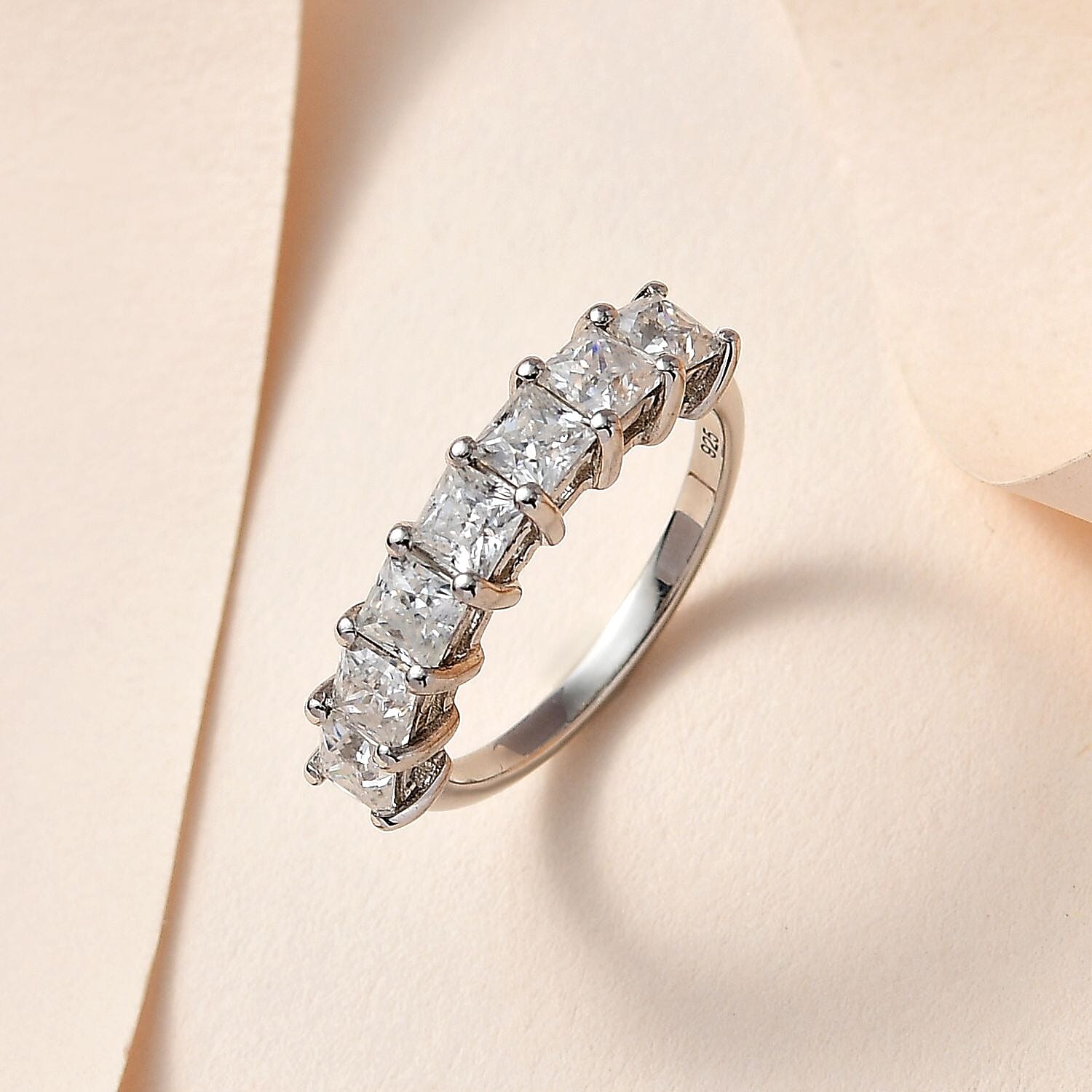 Moissanite 7 Stone Ring in Platinum Overlay Sterling Silver 1.68 Ct.