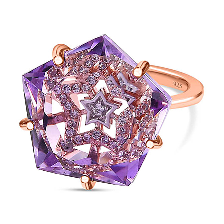 GP Celestial Dream Collection - Pink Amethyst and Natural Zircon Ring in 18K Vermeil Rose Gold Plated Sterling Silver 18.80 Ct