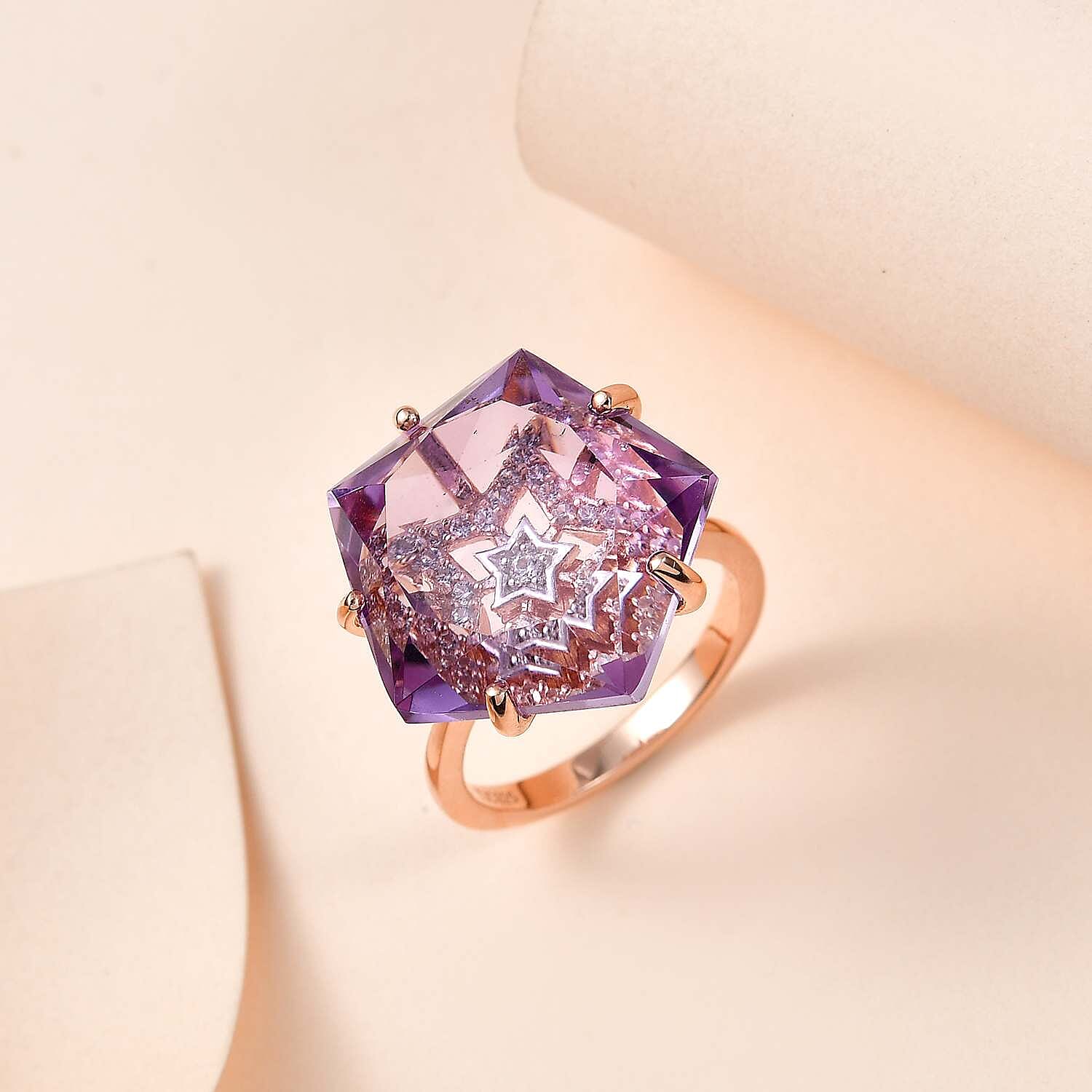 GP Celestial Dream Collection - Pink Amethyst & Natural Zircon Ring in 18K Vermeil RG Plated Sterling Silver 18.80 Ct