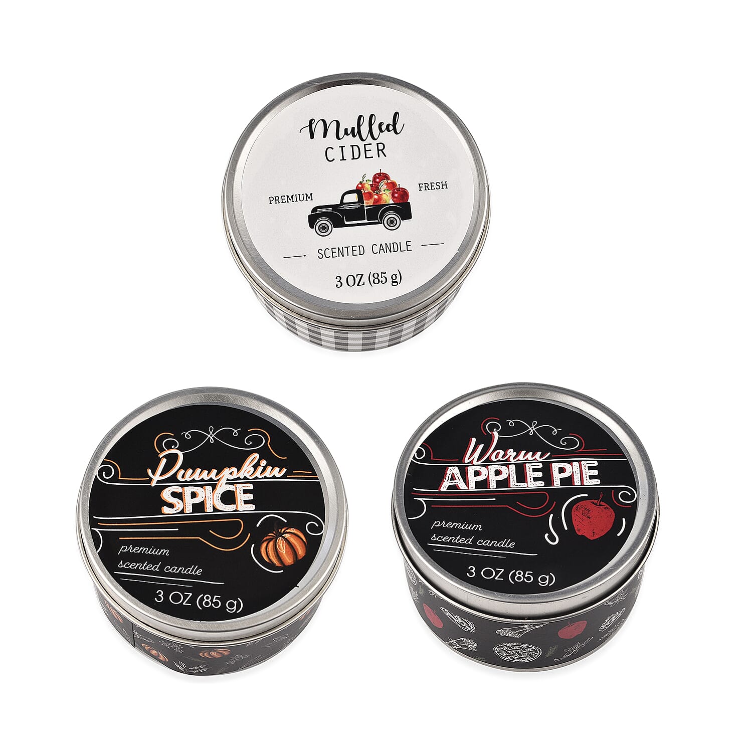 Pack of 3 Tin Candles - Rustic (Pumpkin Spice, Mulled Cider, Apple Pie)