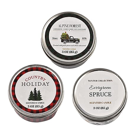 Pack of 3 Tin Candles - Plaid (Country Holiday, Evergreen Spruce, Alpine Forest)