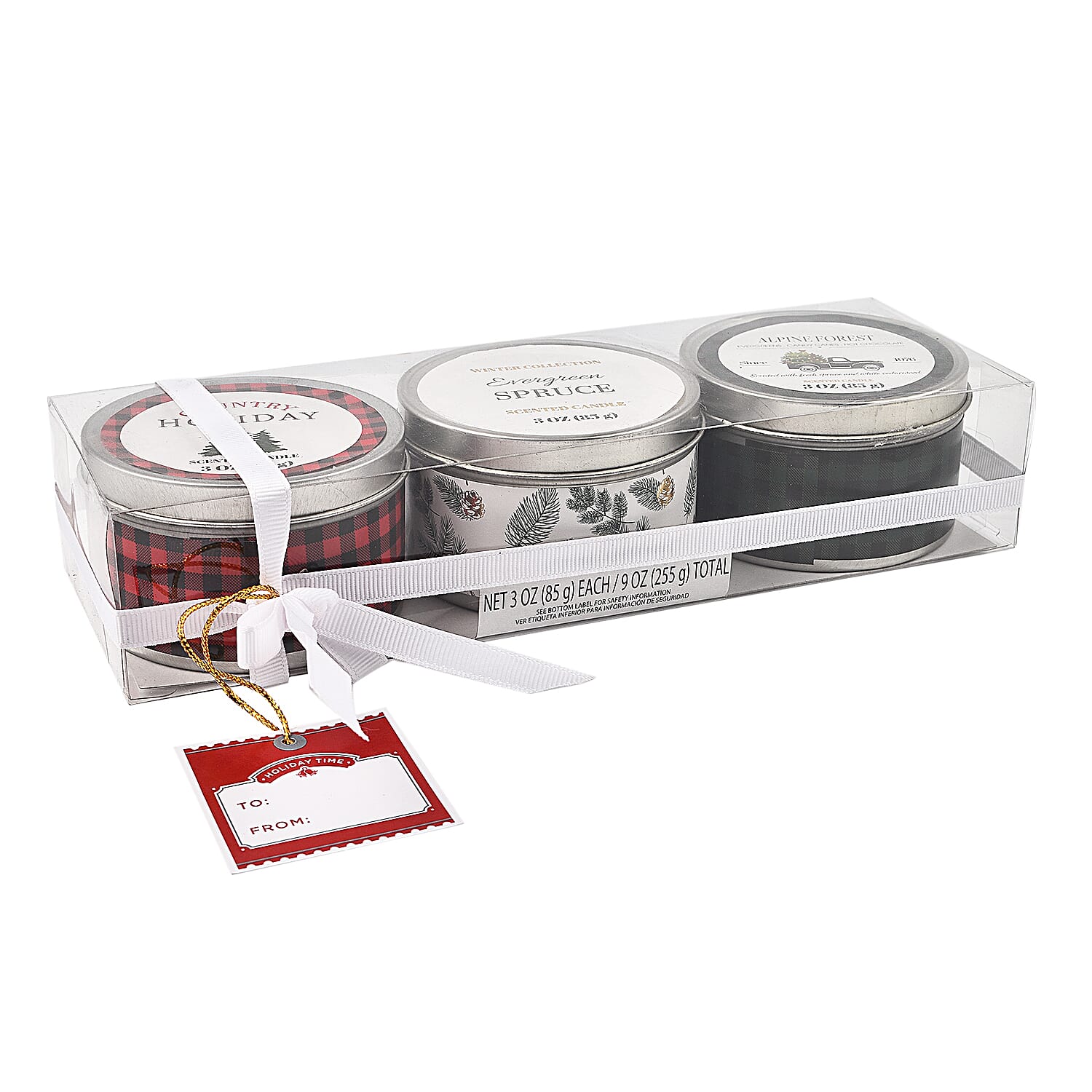 Pack of 3 Tin Candles - Plaid (Country Holiday, Evergreen Spruce, Alpine Forest)