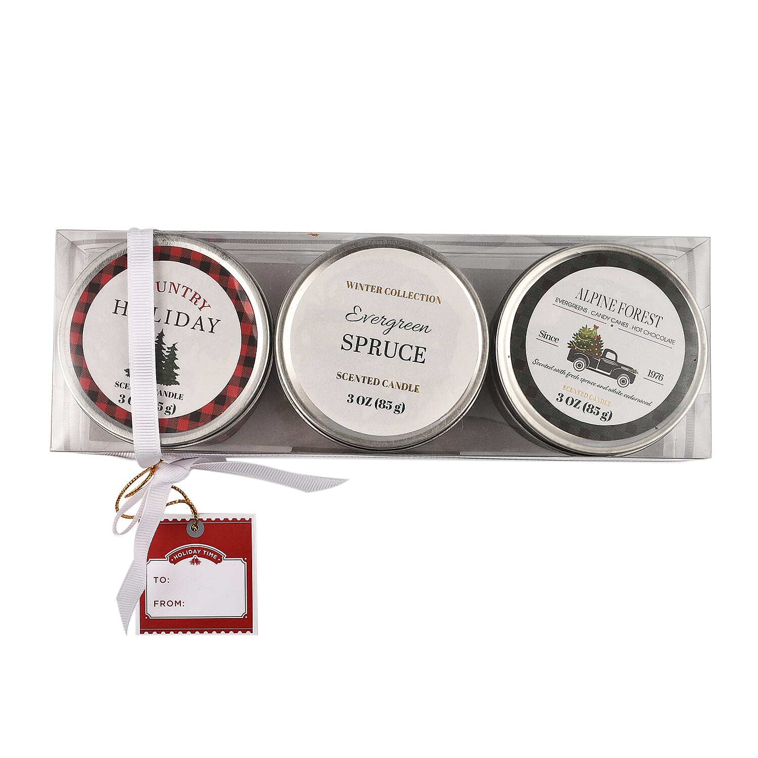 Pack of 3 Tin Candles - Plaid (Country Holiday, Evergreen Spruce, Alpine Forest)