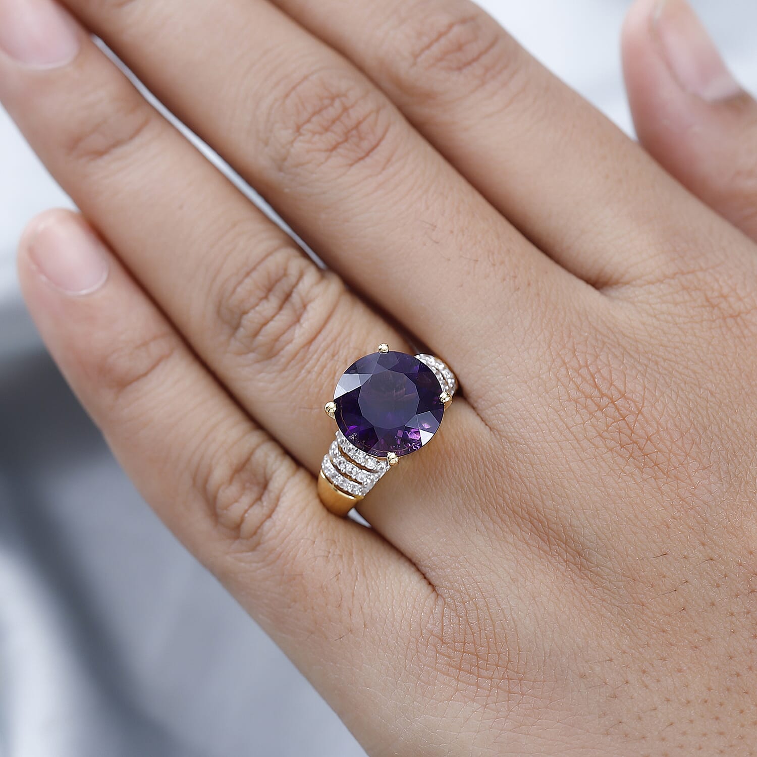 Amethyst & Natural Zircon Ring in 18K Vermeil Yellow Gold Plated Sterling Silver 5.45 Ct