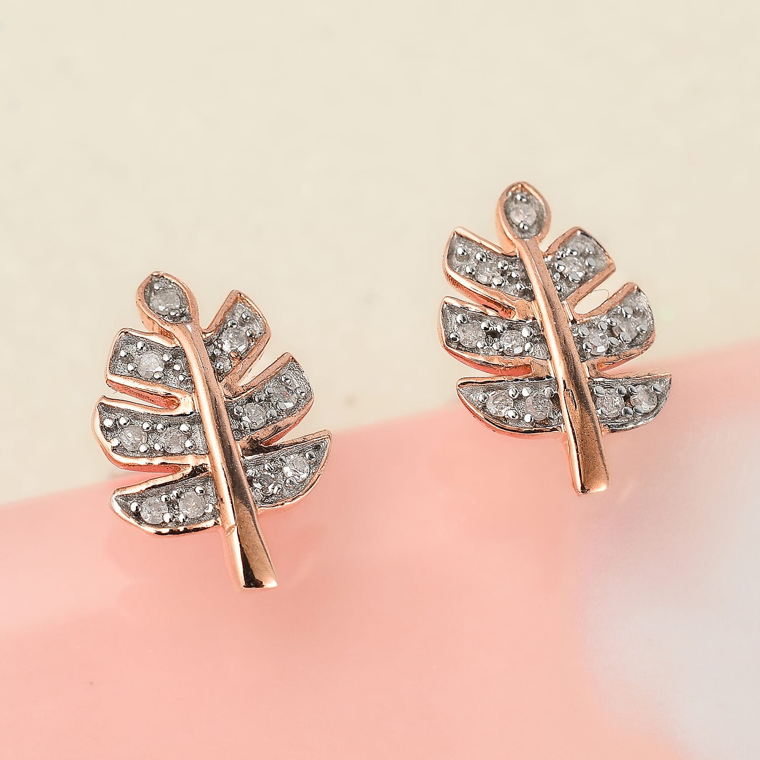 Diamond Leaf Dangle Earrings in 18K Vermeil RG Plated Sterling Silver 0.11 Ct