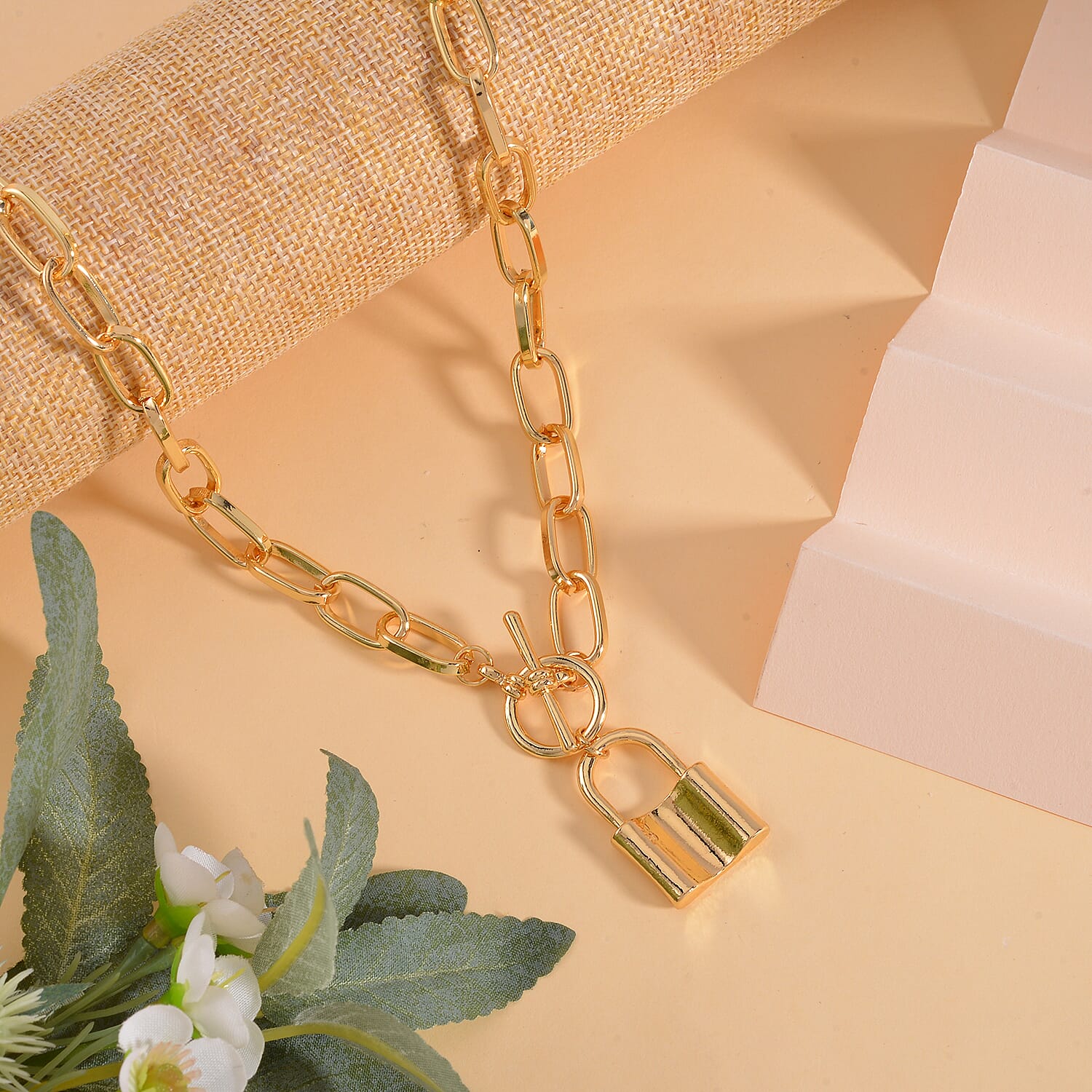 Designer Inspired - Toggle Paperclip Chain Padlock Necklace (Size - 20) WIth T-Bar Clasp in Yellow Gold Tone