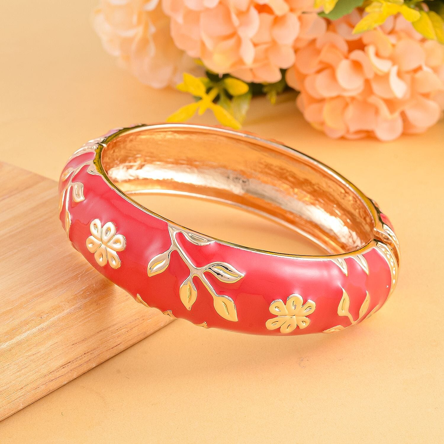 Floral Design White Enamelled Bangle (Size 7.5) in Gold Tone