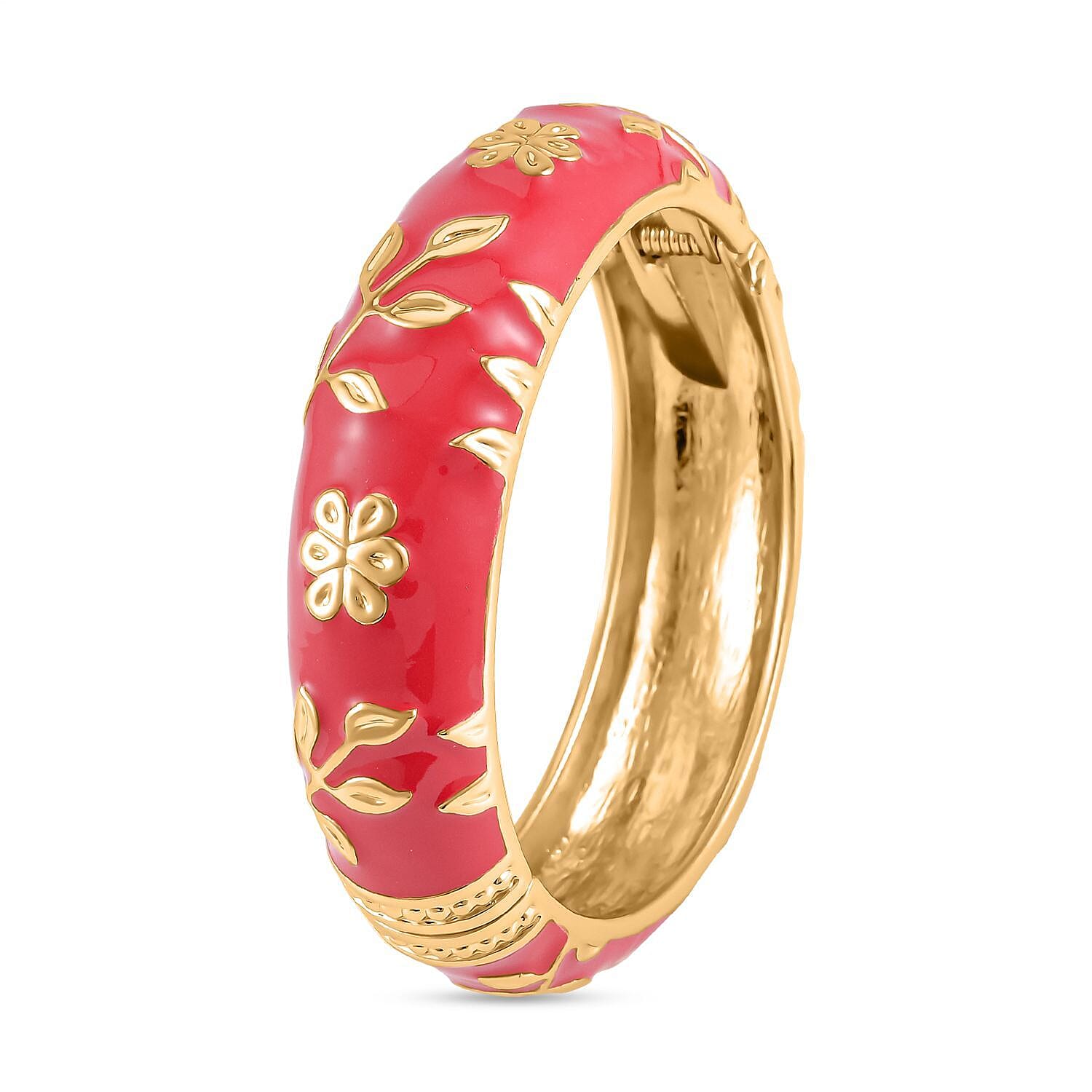 Floral Design White Enamelled Bangle (Size 7.5) in Gold Tone