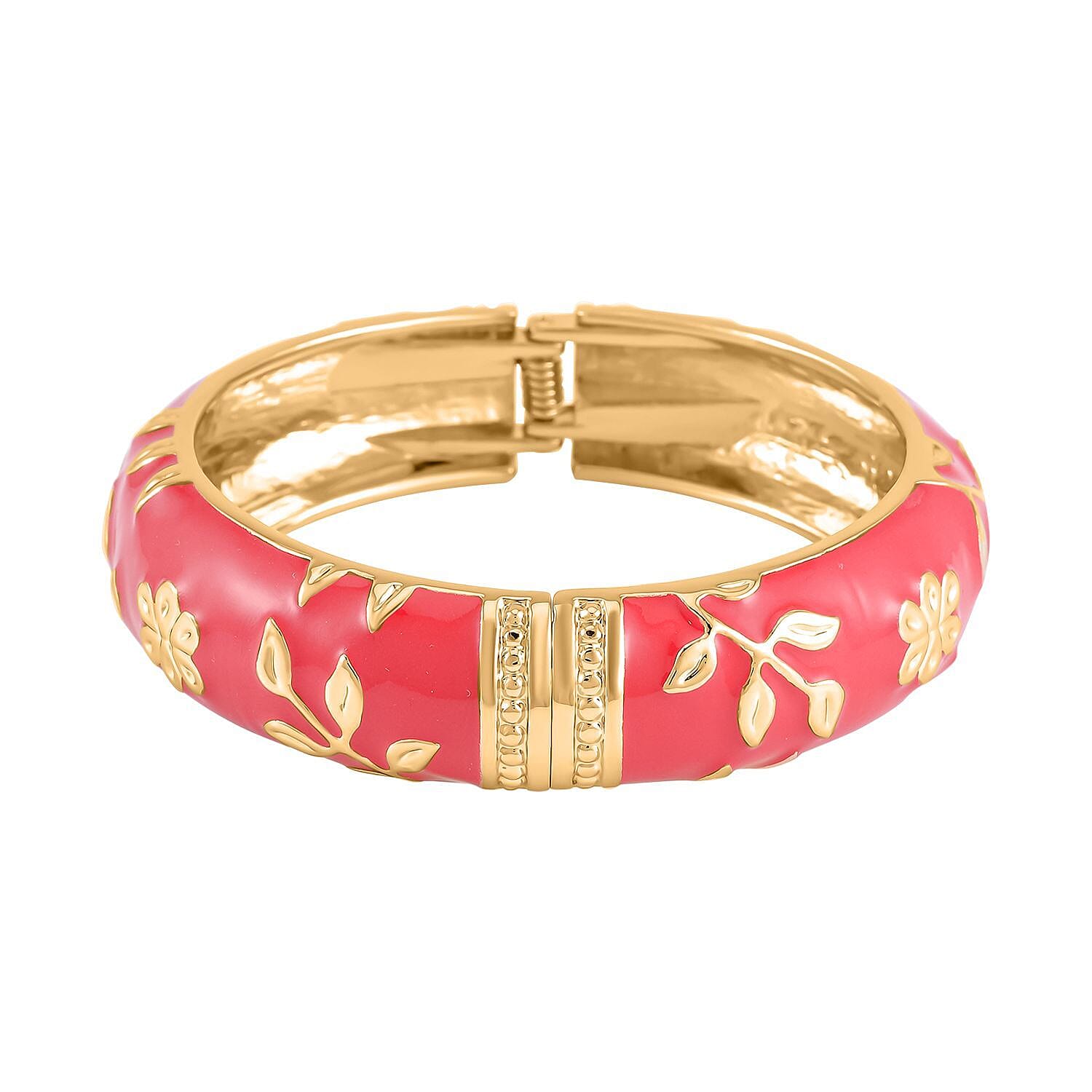Floral Design White Enamelled Bangle (Size 7.5) in Gold Tone