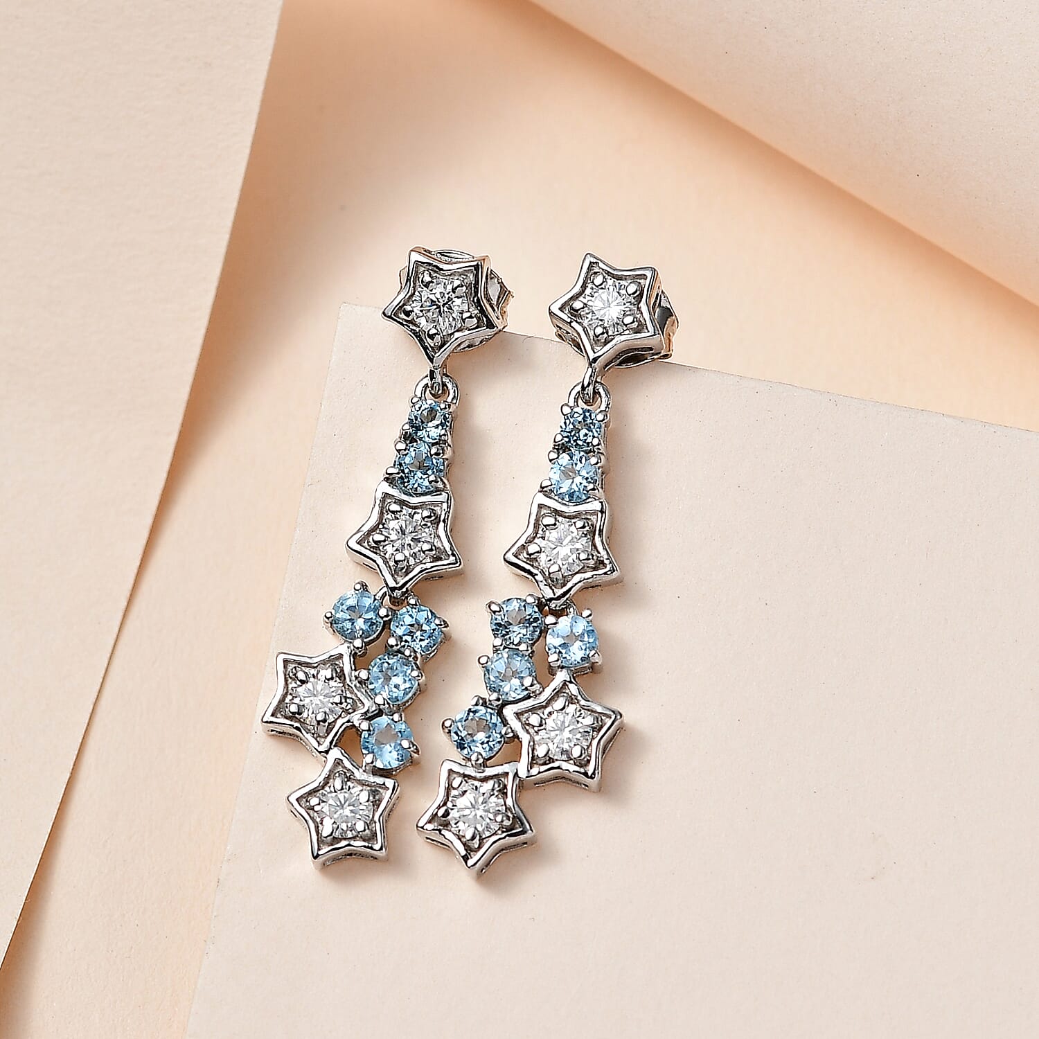 GP Celestial Dream Collection - Moissanite & Skyblue Topaz Dangle Earrings in Platinum Overlay Sterling Silver 1.95 Ct
