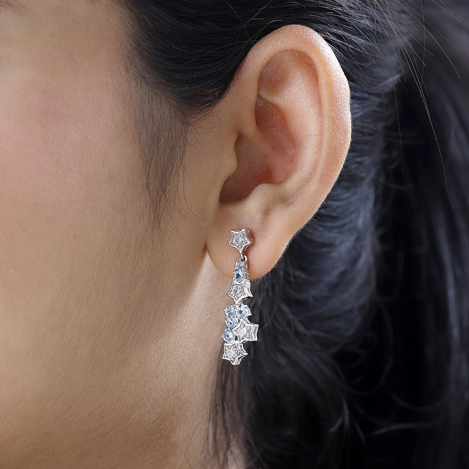 GP Celestial Dream Collection - Moissanite & Skyblue Topaz Dangle Earrings in Platinum Overlay Sterling Silver 1.95 Ct