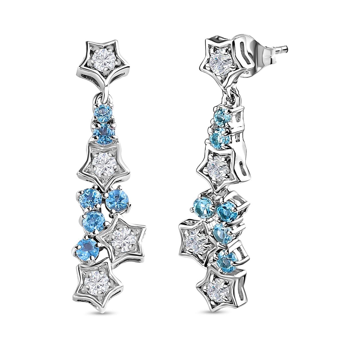 GP Celestial Dream Collection - Moissanite & Skyblue Topaz Dangle Earrings in Platinum Overlay Sterling Silver 1.95 Ct