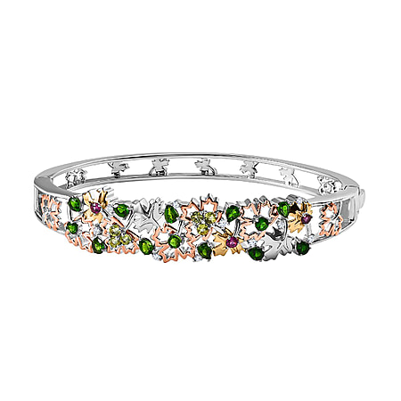 GP Maple Leaf Collection - Natural Chrome Diopside & Multi Gemstone Bangle (Size 7.5) in Two-Tone Plated Sterling Silver 3.65 Ct, Silver Wt. 25.80 Gms